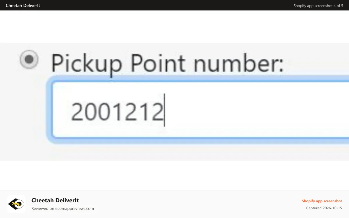 Cheetah DeliverIt Shopify app screenshot: Specify pickup point ID