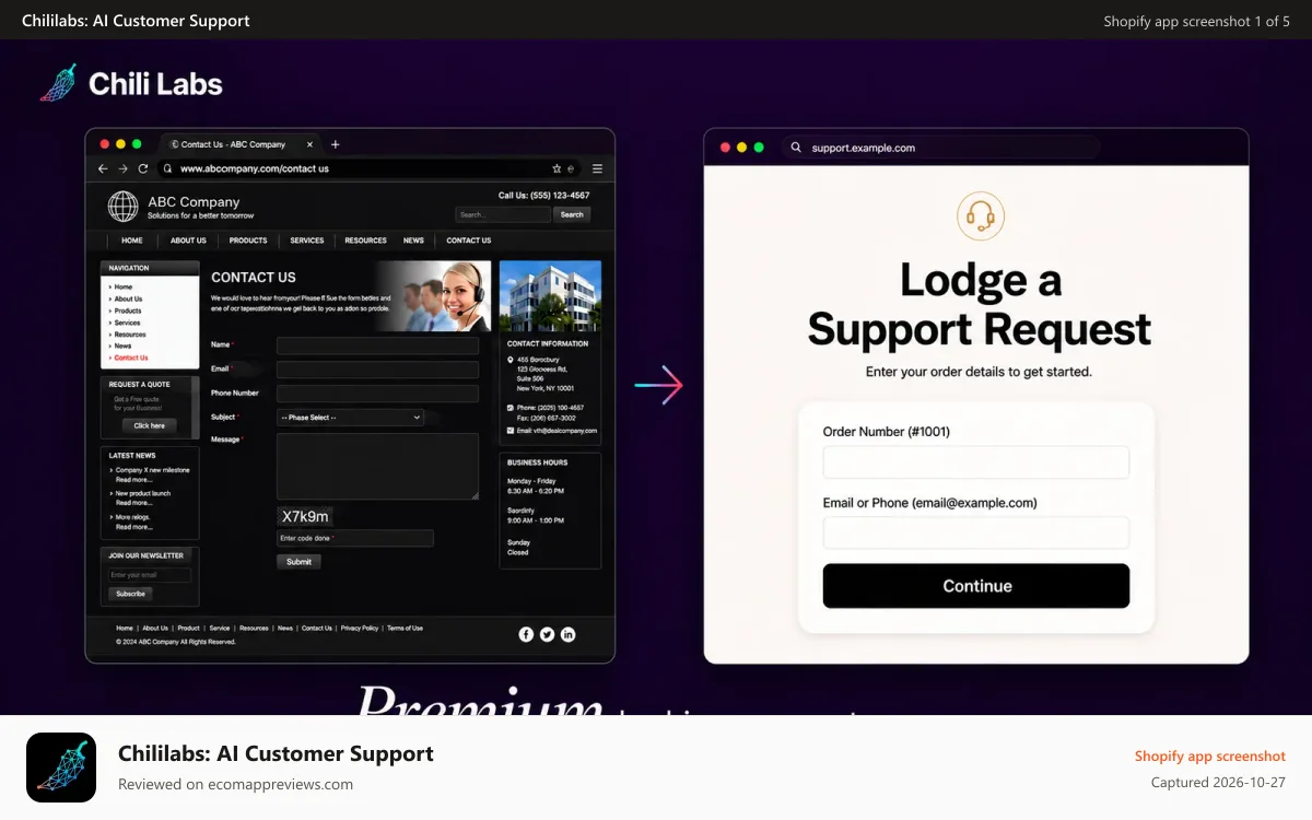 Chililabs: AI Customer Support Shopify app screenshot: Support Screen