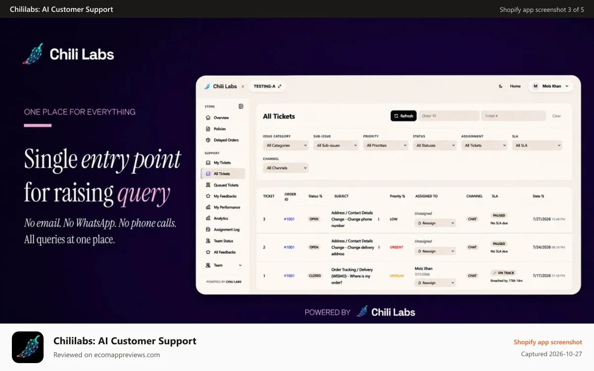 Chililabs: AI Customer Support Shopify app screenshot: Single entry point