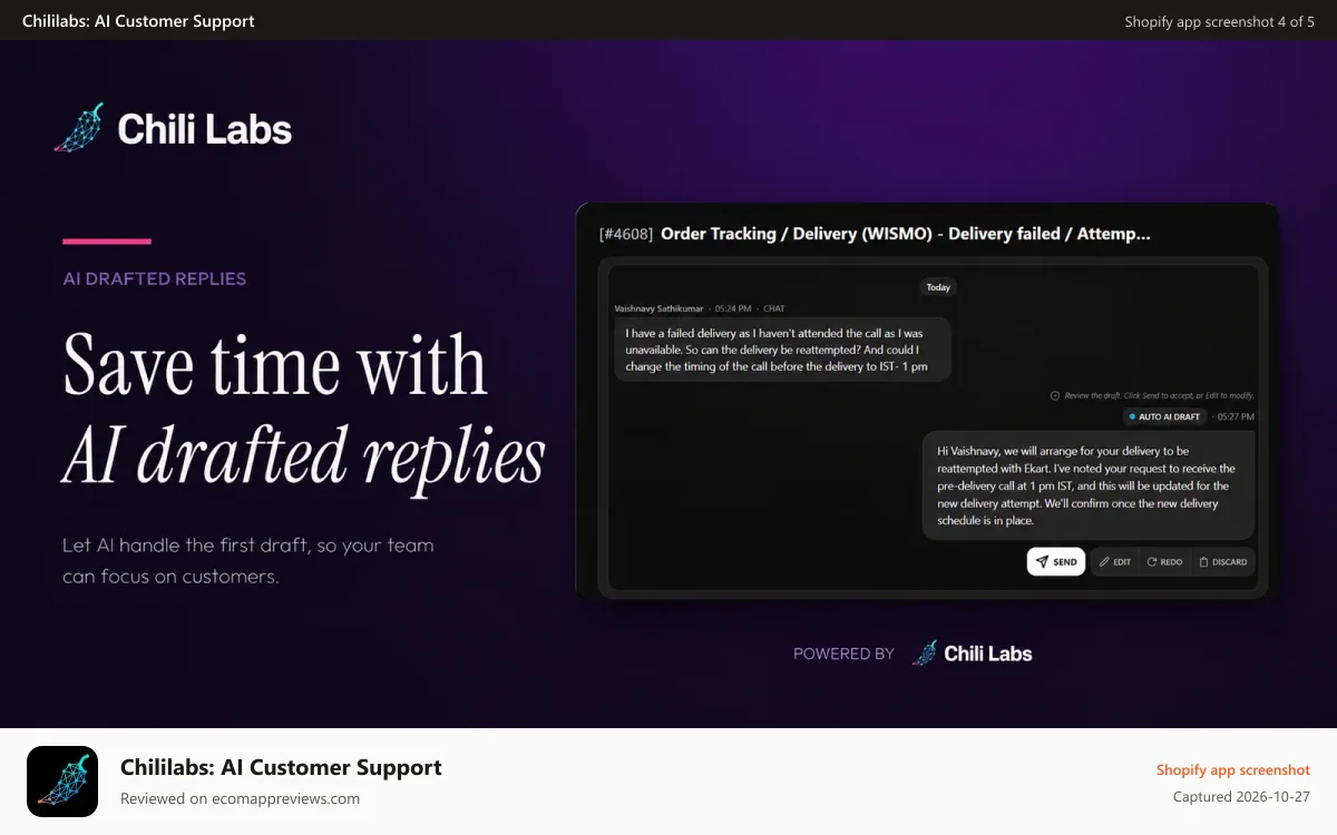 Chililabs: AI Customer Support Shopify app screenshot: Ai draft Replies