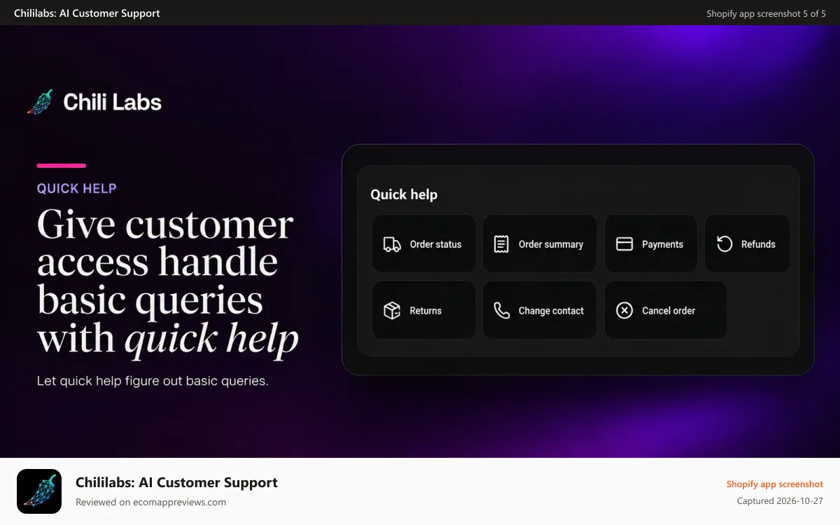 Chililabs: AI Customer Support Shopify app screenshot: Quick Help at ease
