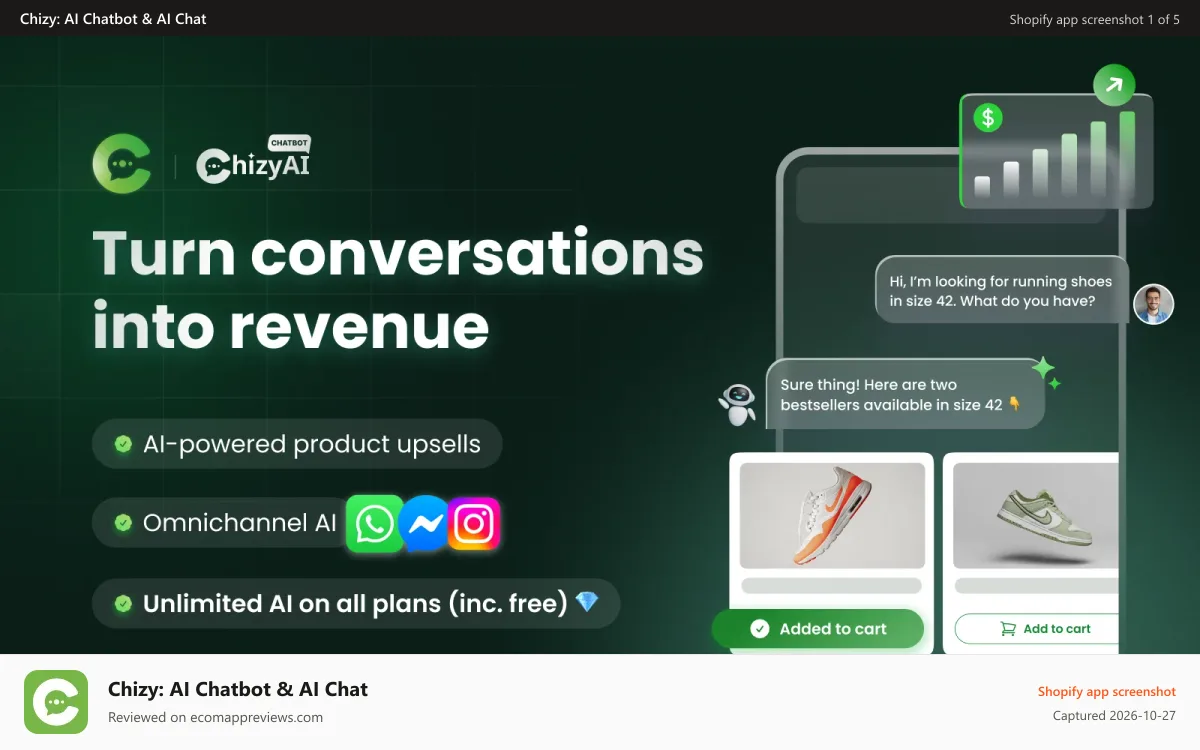 Chizy: AI Chatbot & AI Chat Shopify app screenshot: Turn conversations into revenue with Chizy AI chatbot