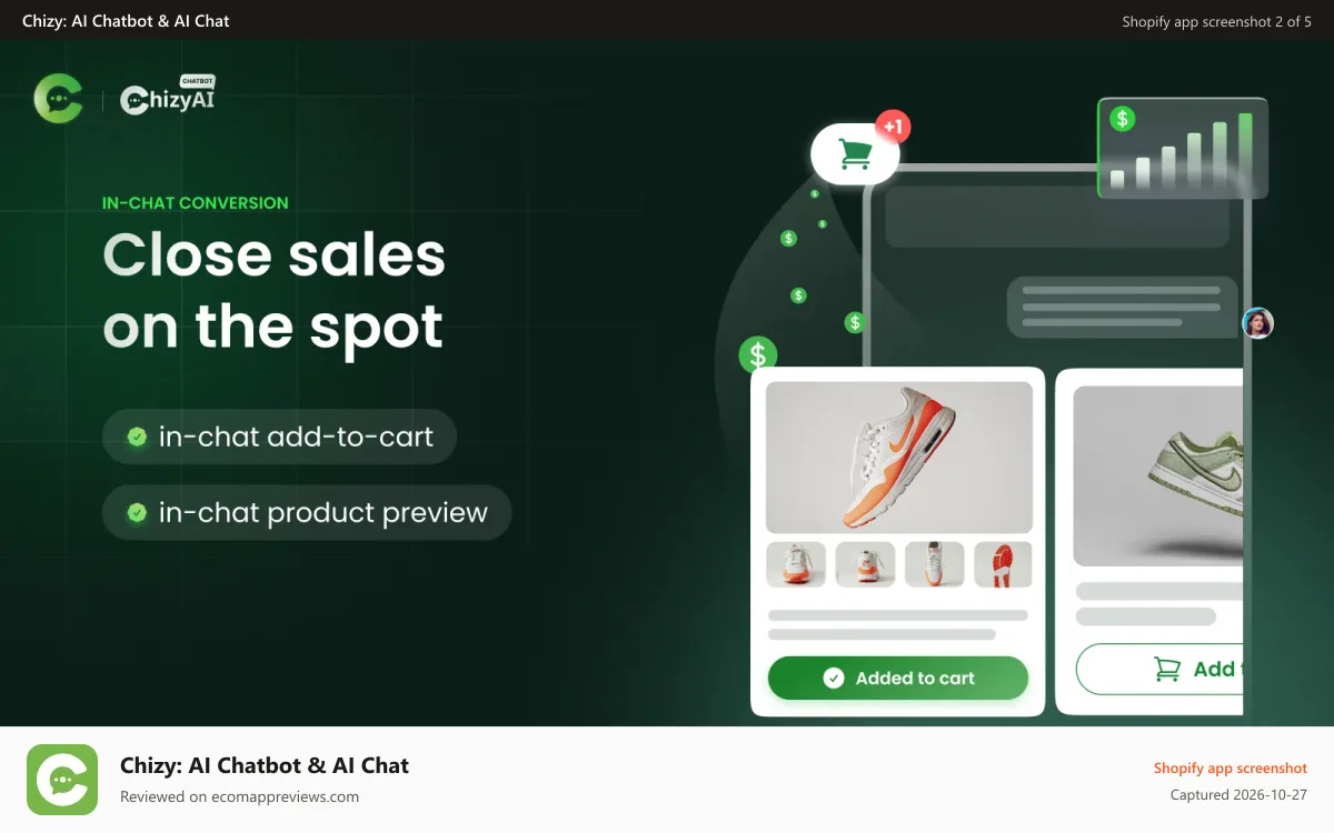 Chizy: AI Chatbot & AI Chat Shopify app screenshot: Close sales faster with in chat add-to-cart & product preview