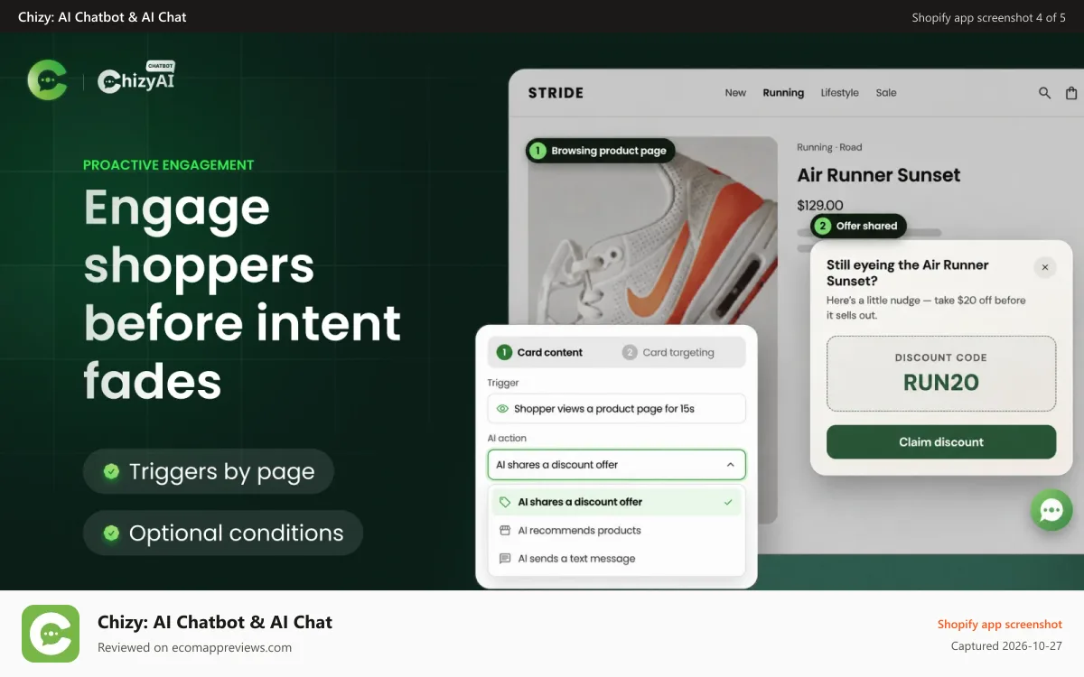 Chizy: AI Chatbot & AI Chat Shopify app screenshot: Engage shoppers before intent fades with proactive AI sales chat