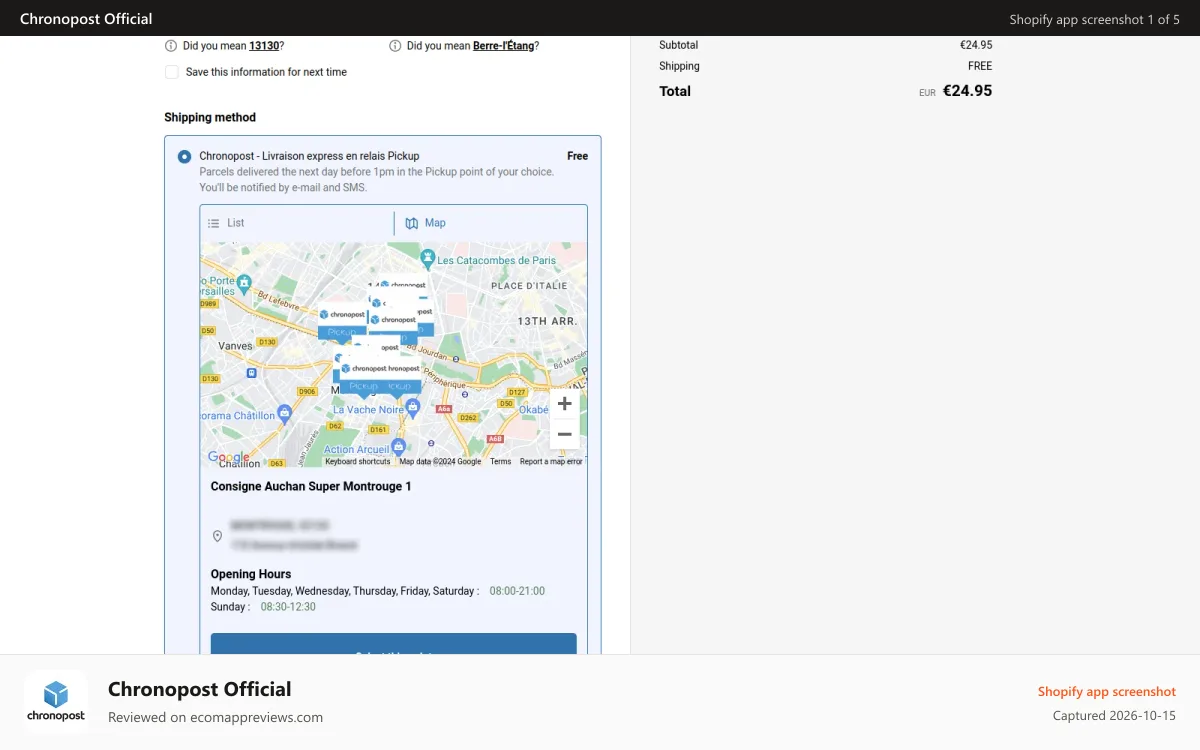 Chronopost Official Shopify app screenshot: Map to select the Parcels inc. opening hours details