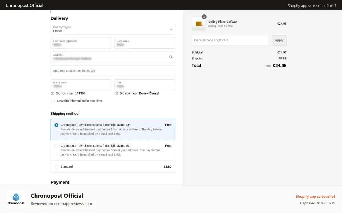 Chronopost Official Shopify app screenshot: Display of the selected Transport Offer in the Checkout Funnel