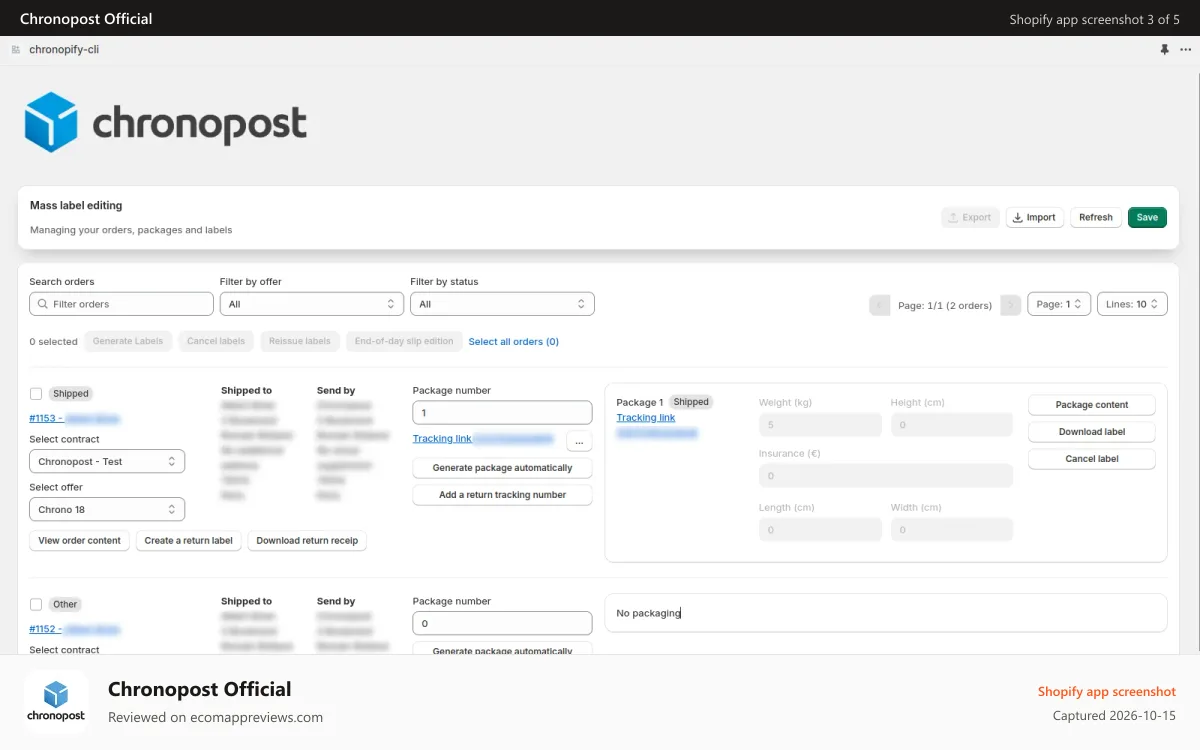 Chronopost Official Shopify app screenshot: Shipping Labels Management : creation, tracking & return