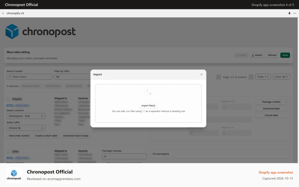 Chronopost Official Shopify app screenshot: Shipping Labels Import Management
