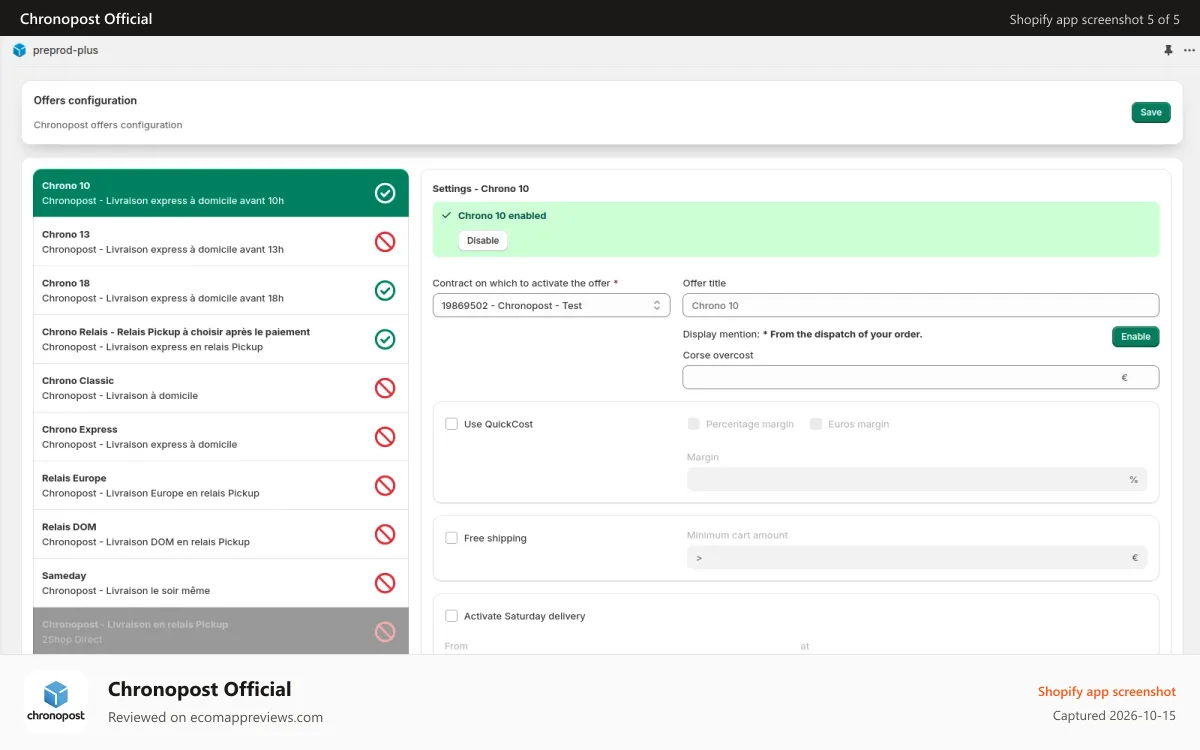 Chronopost Official Shopify app screenshot: Transport Offers to display in the Checkout Funnel