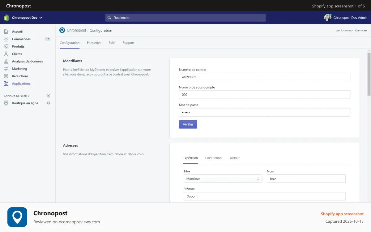 Chronopost Shopify app screenshot: Configuration de l'application