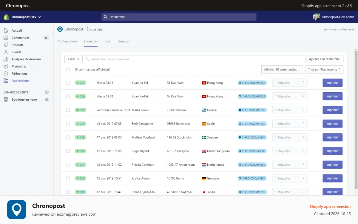 Chronopost Shopify app screenshot: Génération et impression d'étiquettes et bordereaux de dépôt