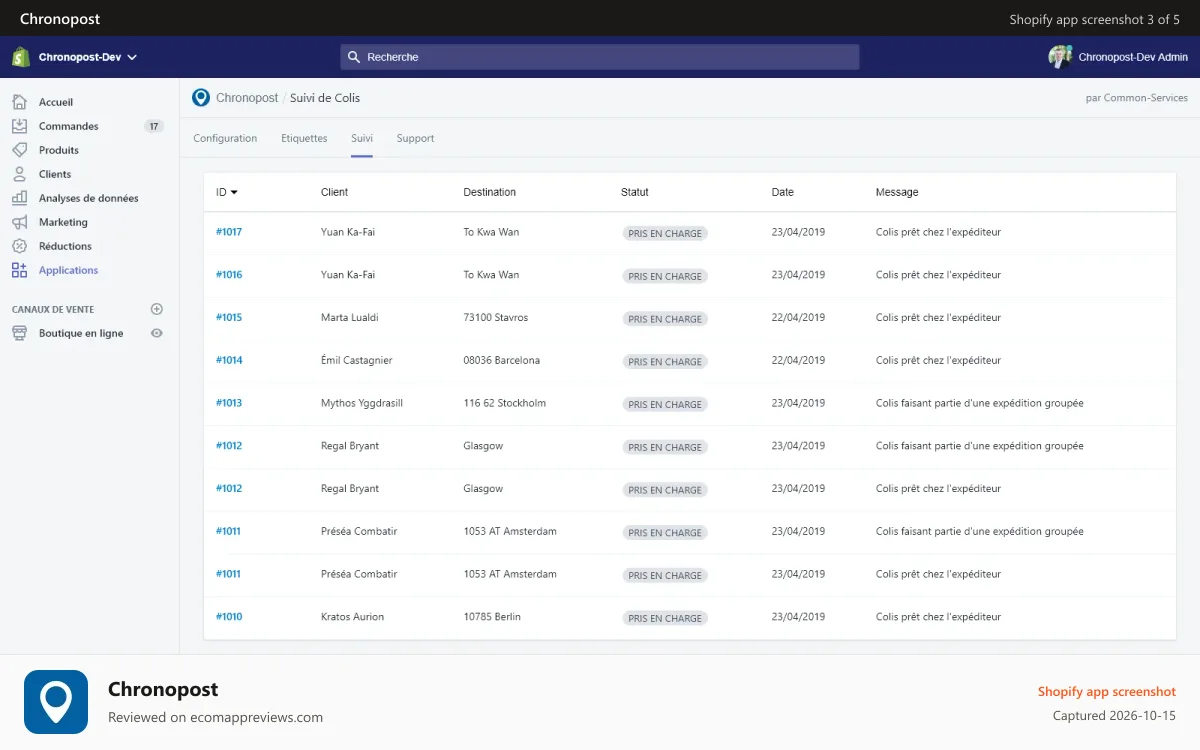 Chronopost Shopify app screenshot: Liste des suivis de commandes en cours