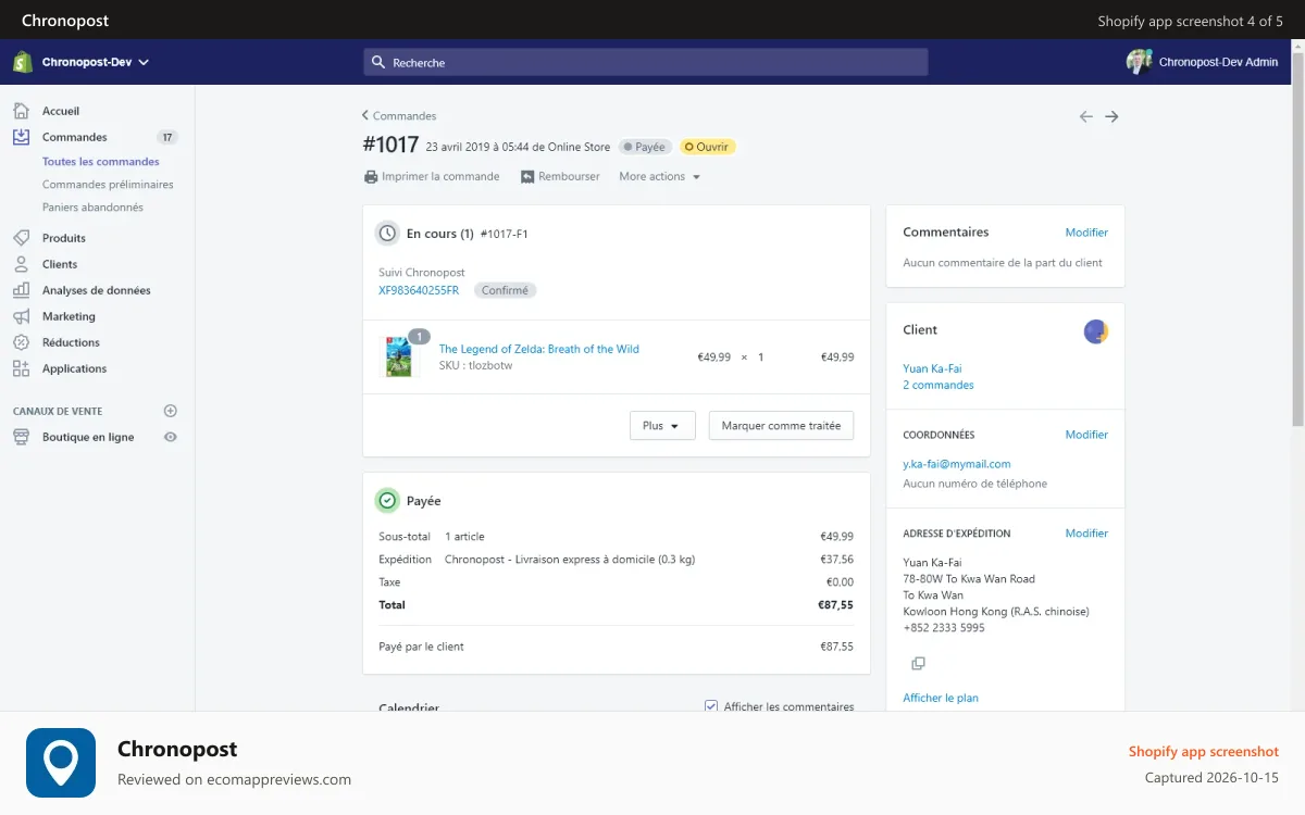 Chronopost Shopify app screenshot: Numéro de suivi ajouté à la commande