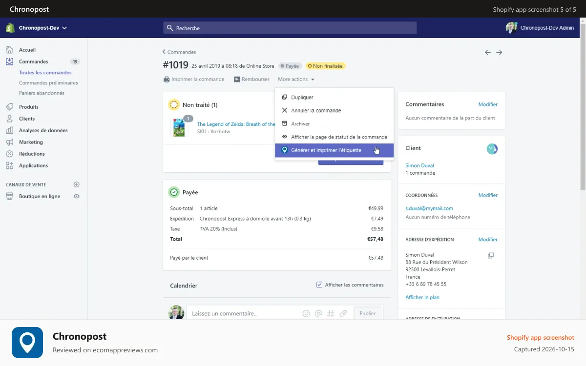 Chronopost Shopify app screenshot: Génération et/ou impression d'étiquette depuis la commande
