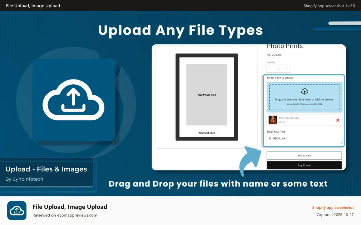File Upload, Image Upload Shopify app screenshot: File Upload, Image Upload