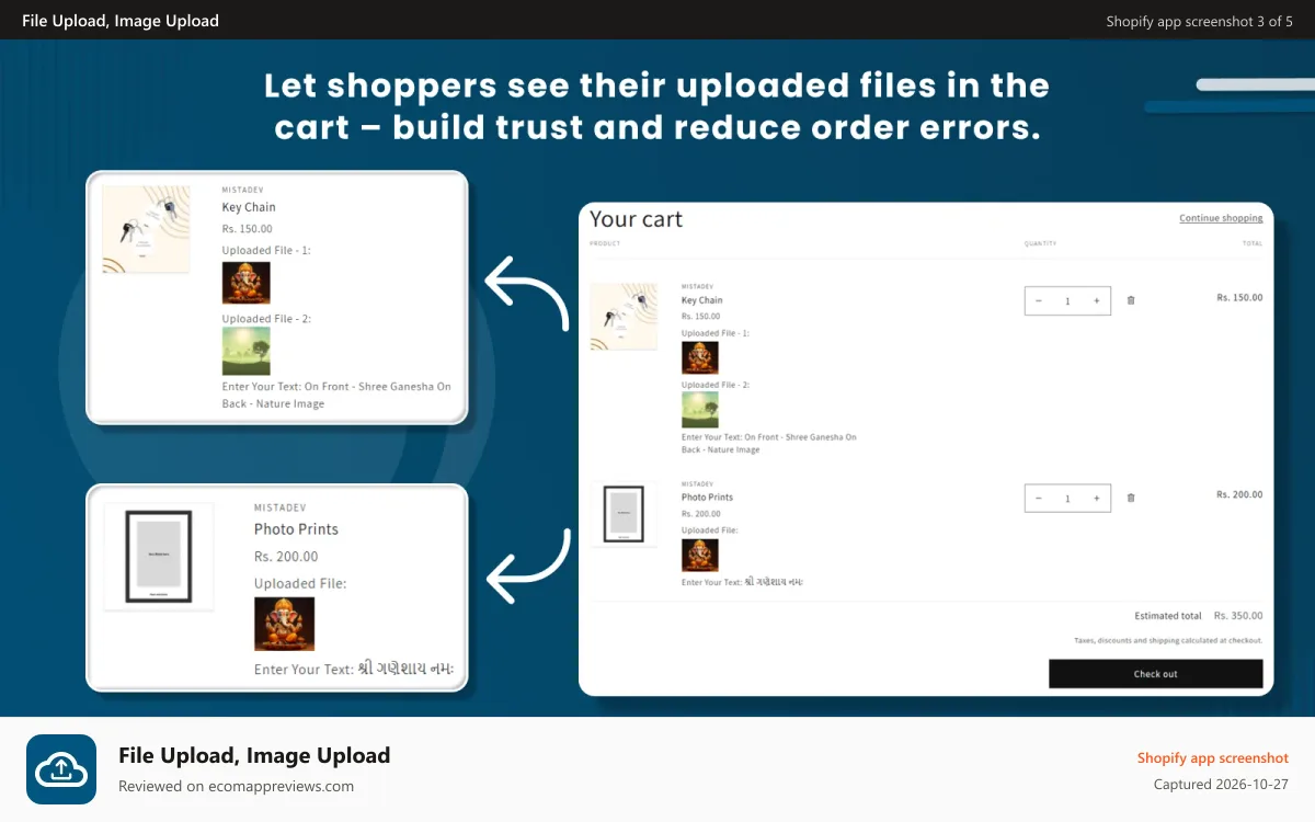 File Upload, Image Upload Shopify app screenshot: File Upload, Image Upload product and cart