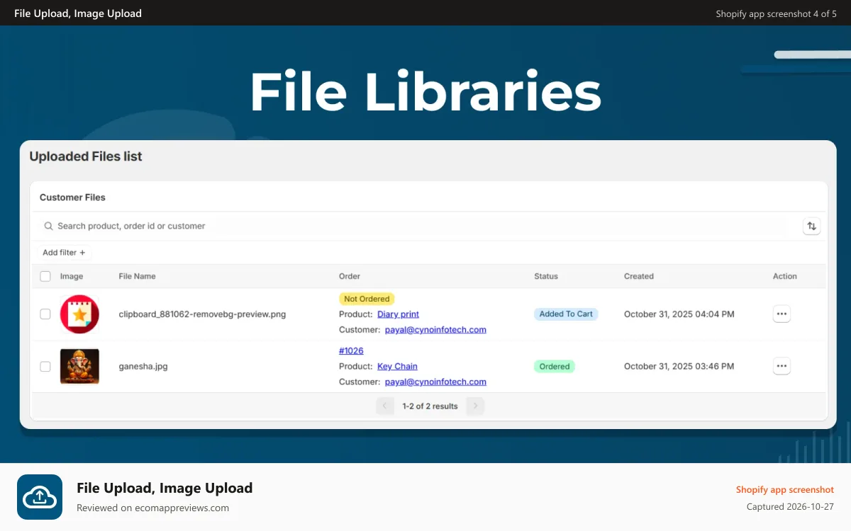 File Upload, Image Upload Shopify app screenshot: File Upload, Image Upload List