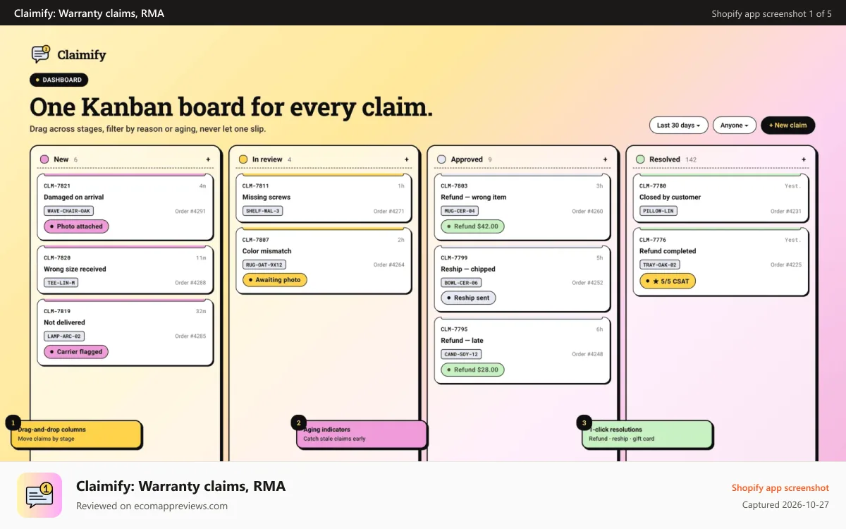 Claimify: Warranty claims, RMA Shopify app screenshot: Kanban board with claim cards sorted by status column