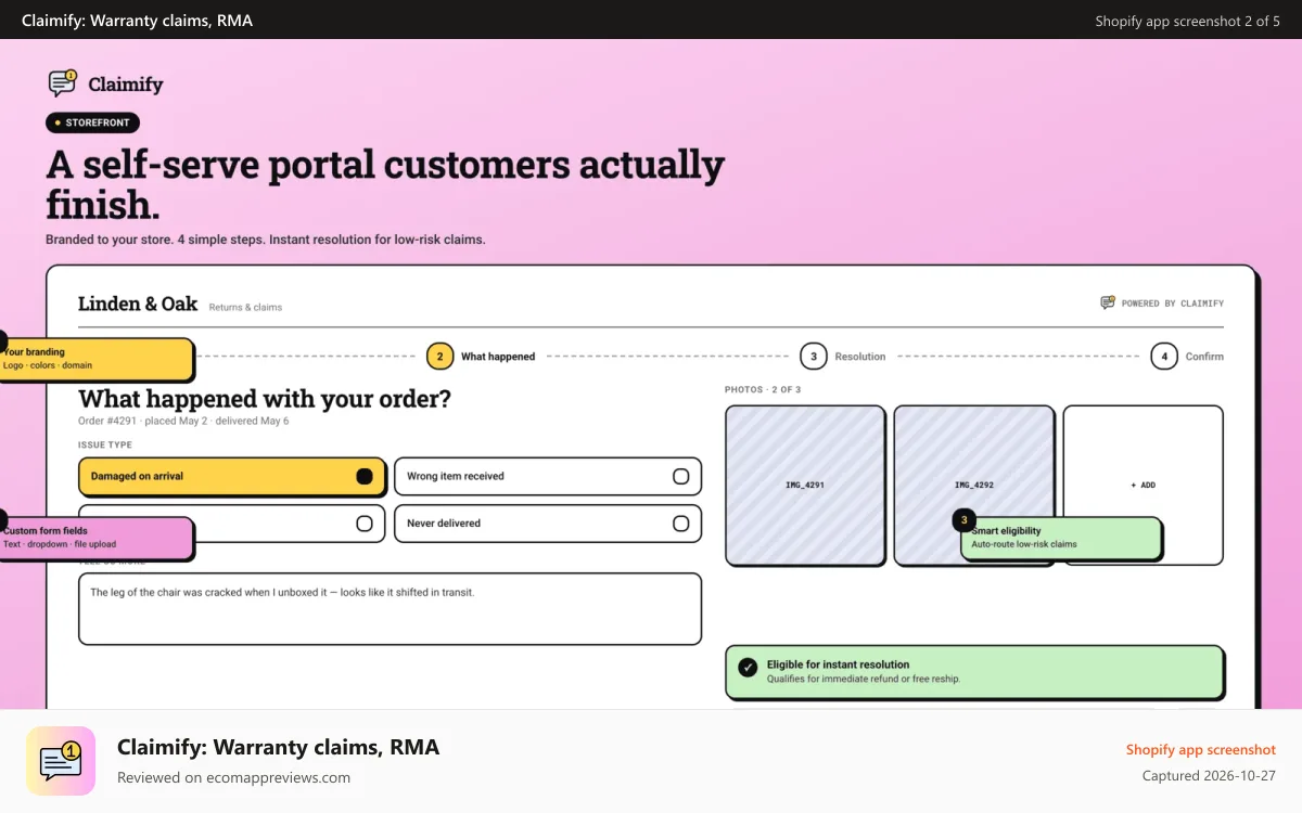 Claimify: Warranty claims, RMA Shopify app screenshot: Customer portal showing a claim request form with photo upload