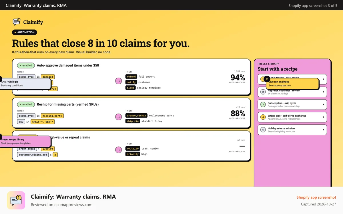 Claimify: Warranty claims, RMA Shopify app screenshot: Auto-approval rule builder with conditions and actions