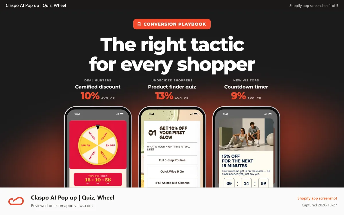 Claspo AI Pop up | Quiz, Wheel Shopify app screenshot: Gamified discount, product quiz and countdown timer popups