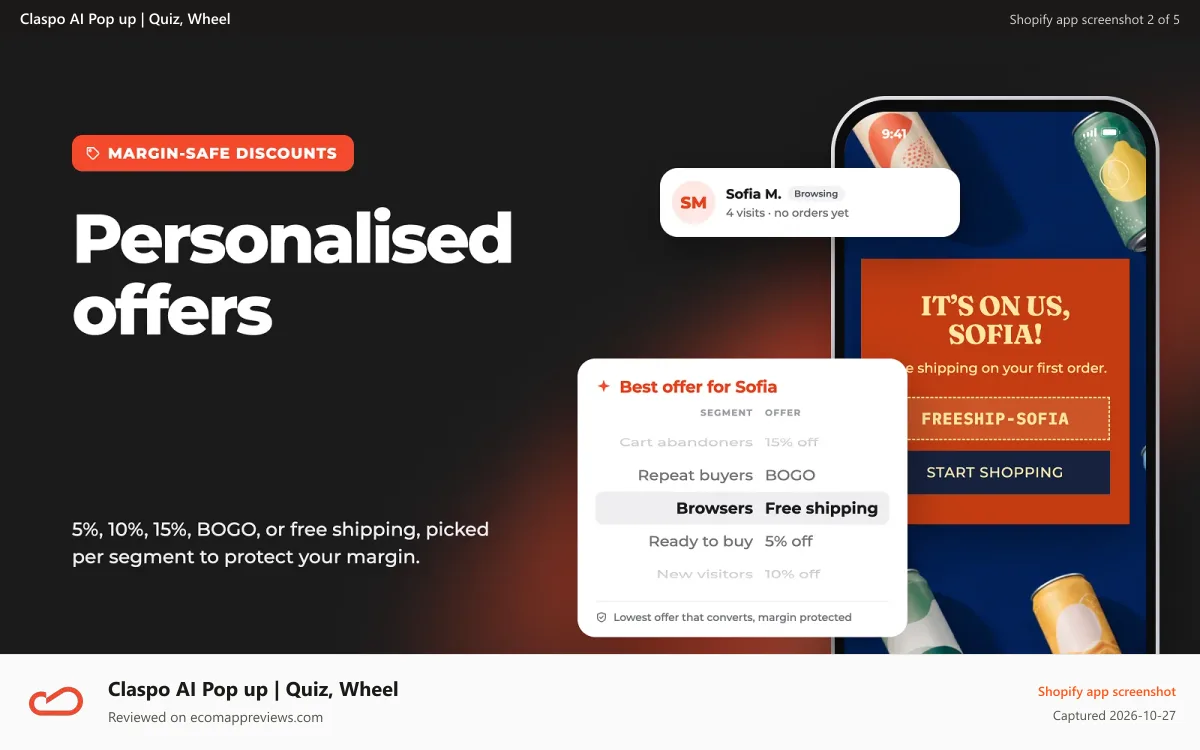 Claspo AI Pop up | Quiz, Wheel Shopify app screenshot: Personalized pop up discount: % off, BOGO or free shipping
