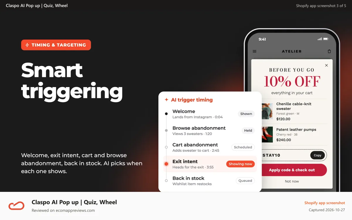Claspo AI Pop up | Quiz, Wheel Shopify app screenshot: Welcome, exit intent, cart abandonment and back in stock pop ups