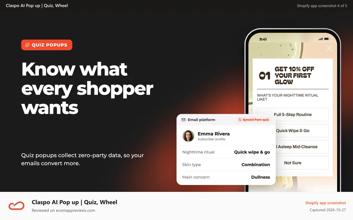 Claspo AI Pop up | Quiz, Wheel Shopify app screenshot: Quiz popup saving zero-party data to the Klaviyo profile