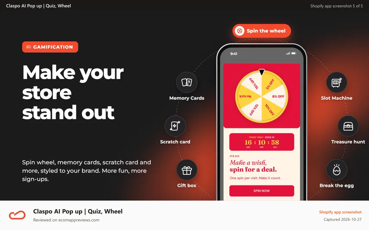 Claspo AI Pop up | Quiz, Wheel Shopify app screenshot: Spin the wheel popup and games: memory cards, scratch card