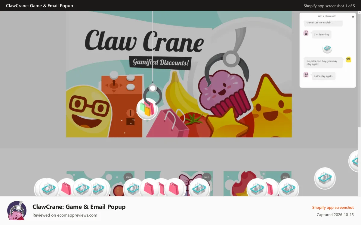 ClawCrane: Game & Email Popup Shopify app screenshot: Playing the game in the demo store.