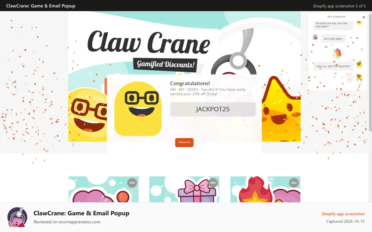 ClawCrane: Game & Email Popup Shopify app screenshot: Winning Celebration with confetti.