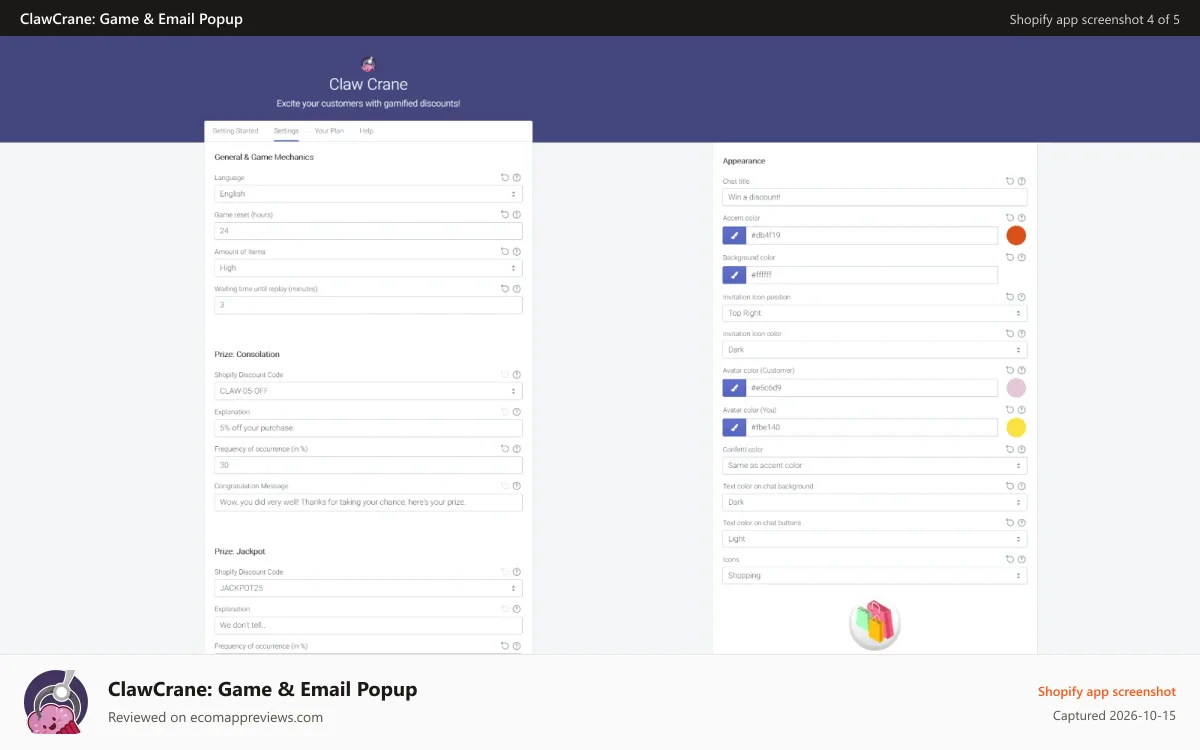 ClawCrane: Game & Email Popup Shopify app screenshot: Many options let you tailor the app to your specific needs.