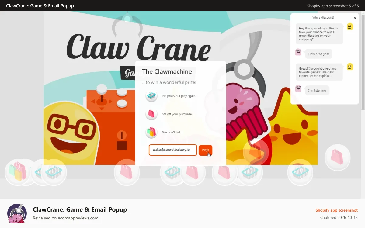 ClawCrane: Game & Email Popup Shopify app screenshot: Build your email list with Claw Crane & Mailchimp.