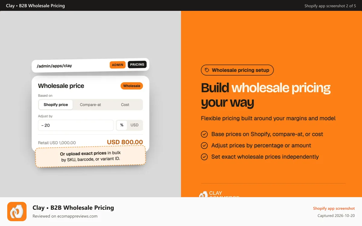 Clay • B2B Wholesale Pricing Shopify app screenshot: Build wholesale pricing your way, based on your margins