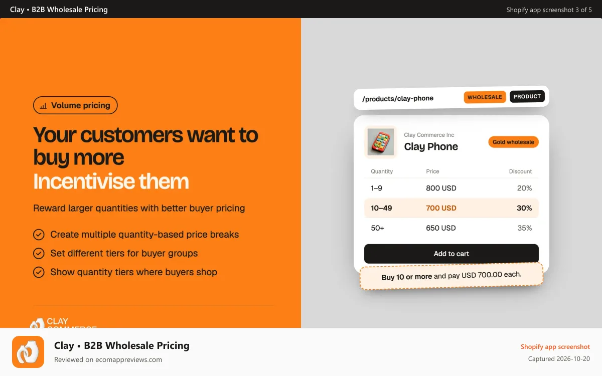 Clay • B2B Wholesale Pricing Shopify app screenshot: Incentivise buyers to buy more with volume pricing