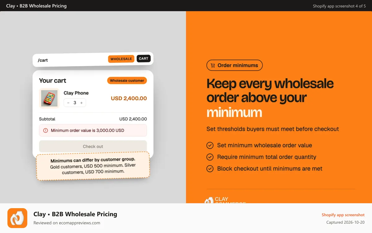 Clay • B2B Wholesale Pricing Shopify app screenshot: Keep every wholesale order above your minimum