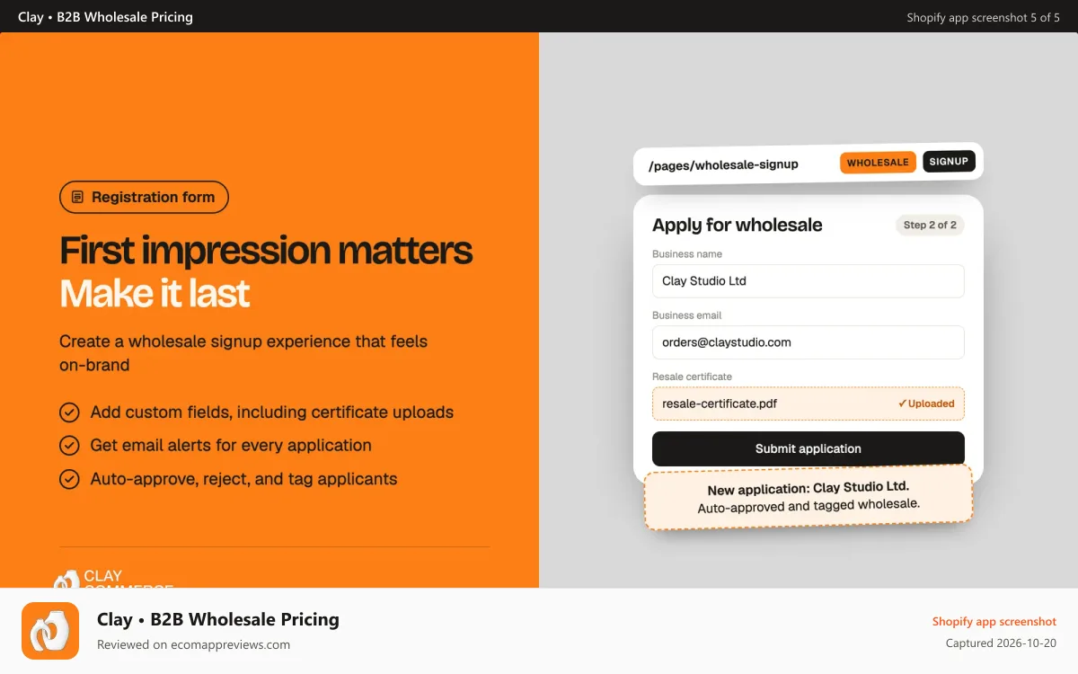 Clay • B2B Wholesale Pricing Shopify app screenshot: Make a lasting first impression with on-brand wholesale signup