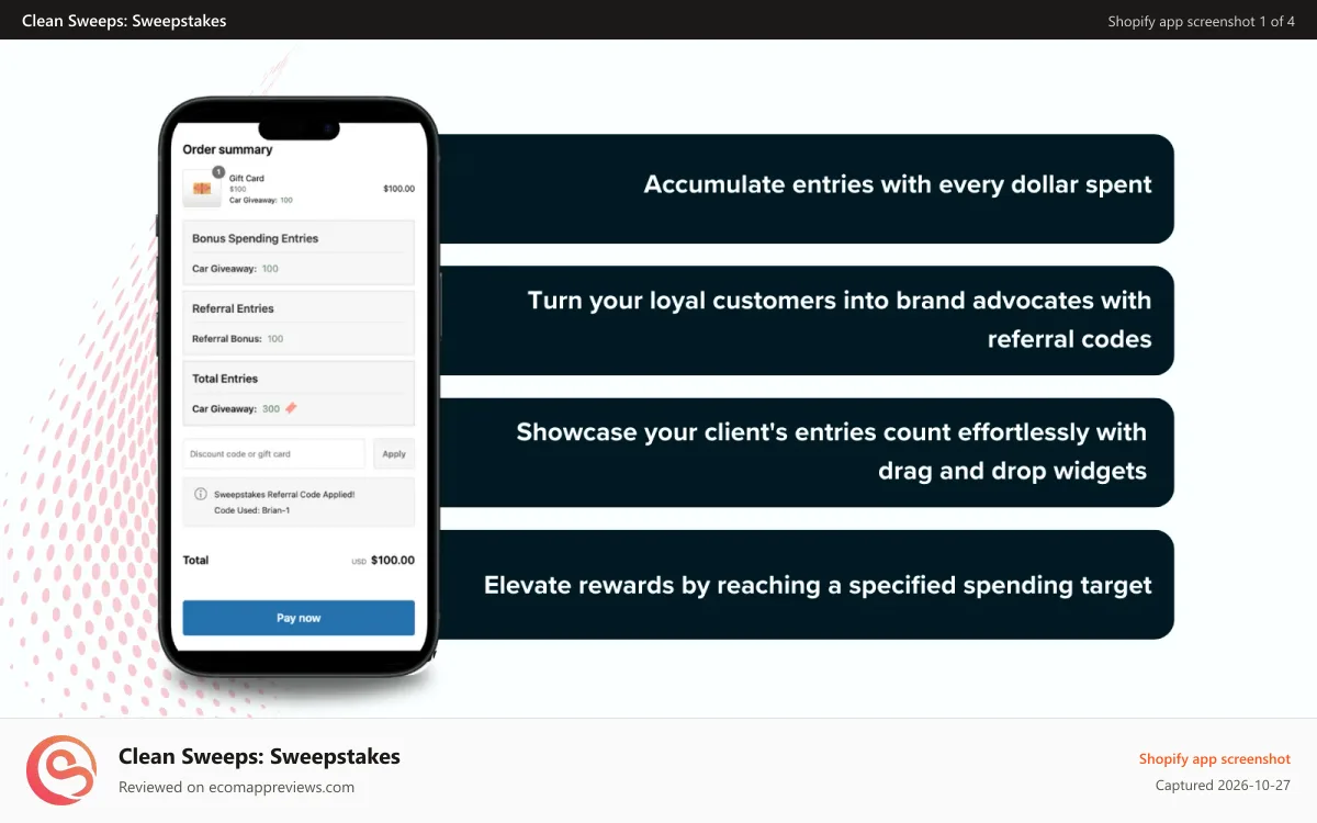 Clean Sweeps: Sweepstakes Shopify app screenshot: Automatically show giveaway entries on your merchandise