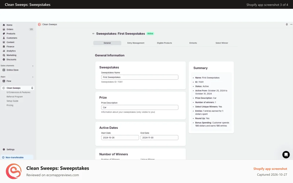 Clean Sweeps: Sweepstakes Shopify app screenshot: Harness full control over everything in your sweepstakes