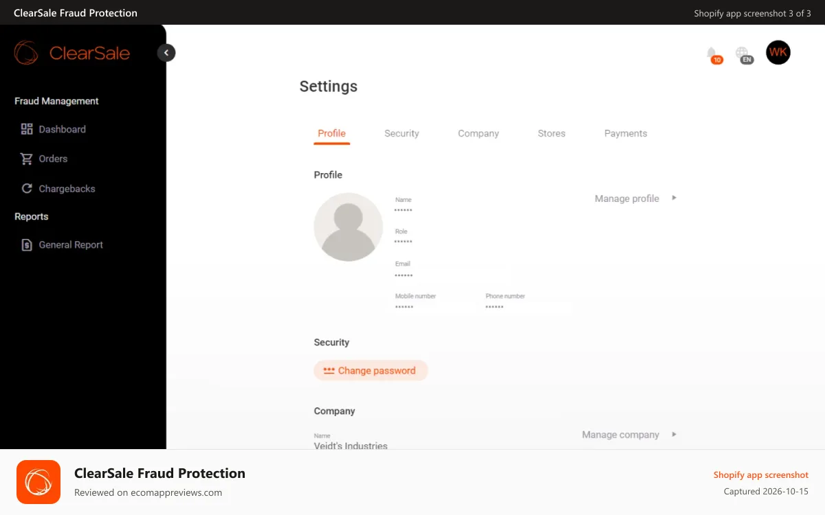 ClearSale Fraud Protection Shopify app screenshot: Edit or create users, manage company details and stores.