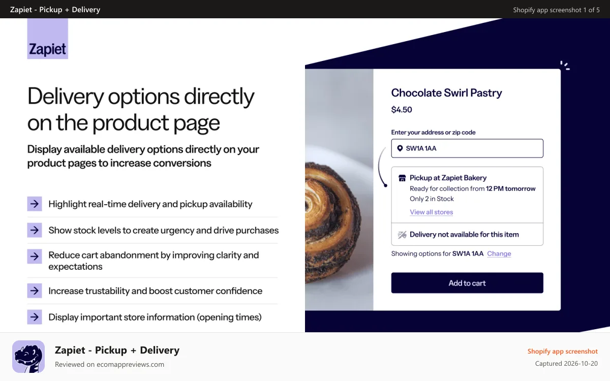 Zapiet ‑ Pickup + Delivery Shopify app screenshot: Delivery and pickup options shown on the product page