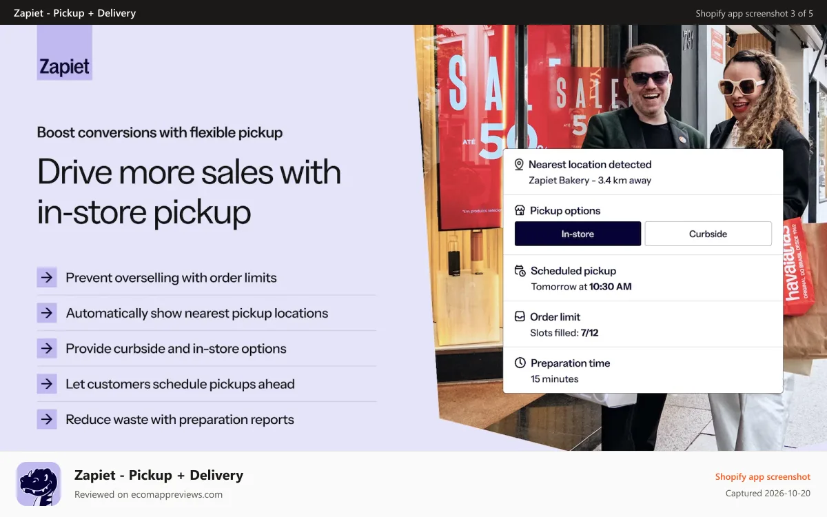 Zapiet ‑ Pickup + Delivery Shopify app screenshot: Store pickup scheduling with locations and time slots