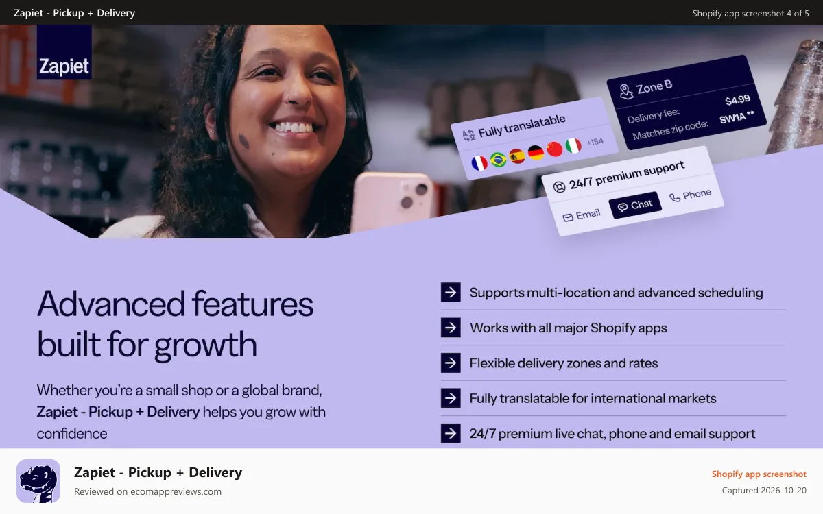 Zapiet ‑ Pickup + Delivery Shopify app screenshot: Advanced delivery features with zones, rates and integrations