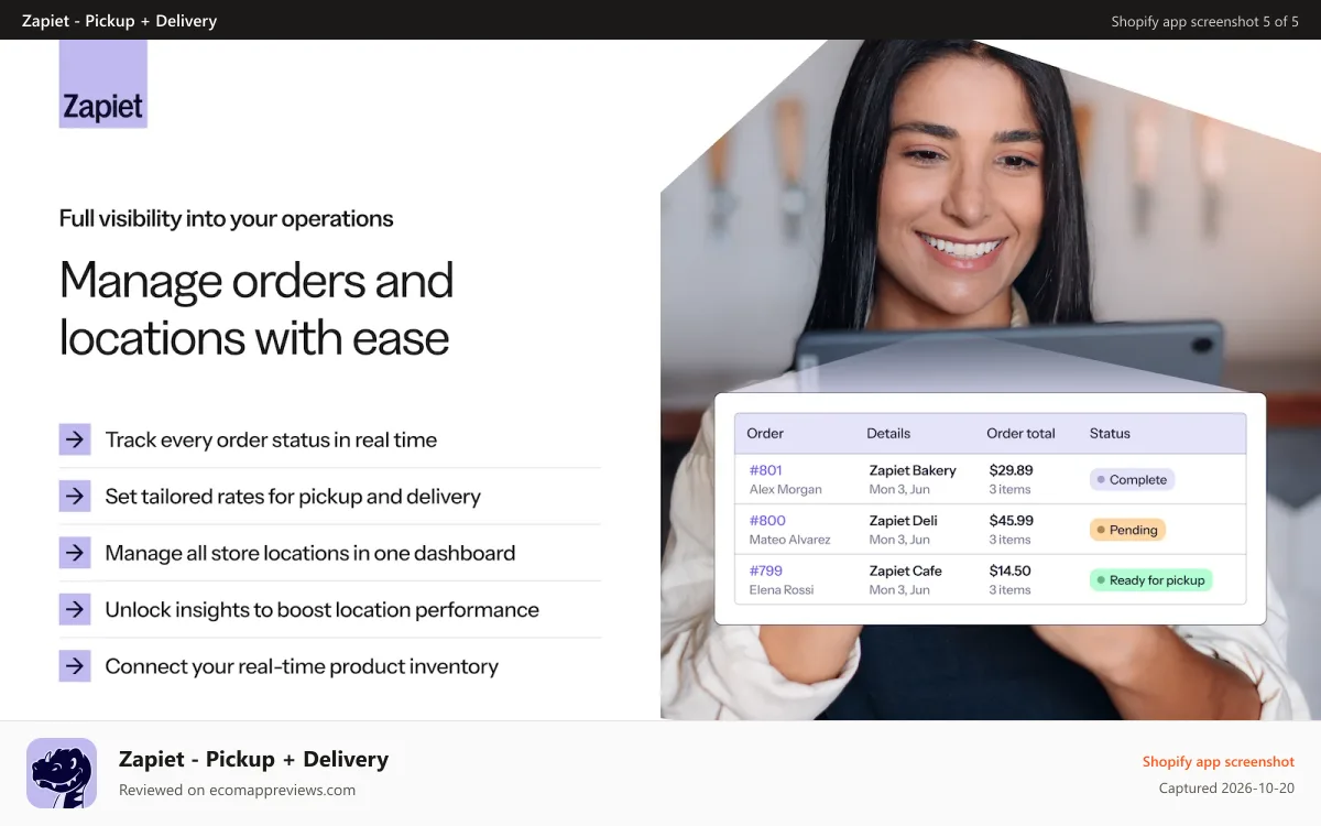 Zapiet ‑ Pickup + Delivery Shopify app screenshot: Order and location management with real-time status tracking