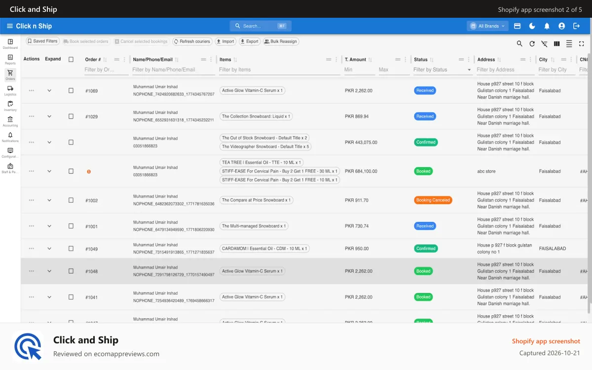 Click and Ship Shopify app screenshot: Click and Ship order listing with status, filters, shipment