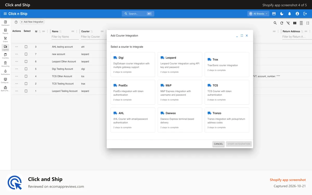 Click and Ship Shopify app screenshot: Click and Ship courier integration with 9+ couriers