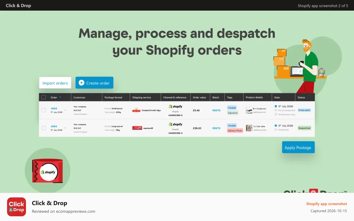 Click & Drop Shopify app screenshot: Click & Drop Orders grid