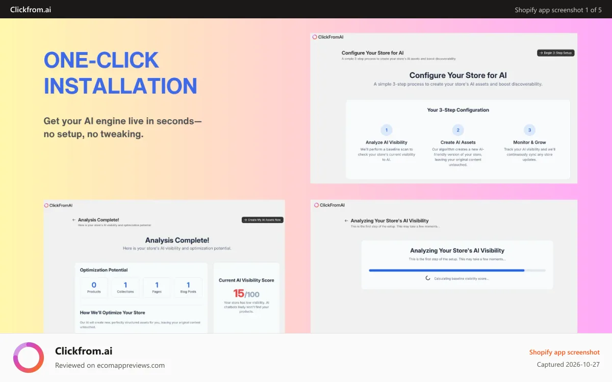 Clickfrom.ai Shopify app screenshot: one-click installation | clickfrom.ai