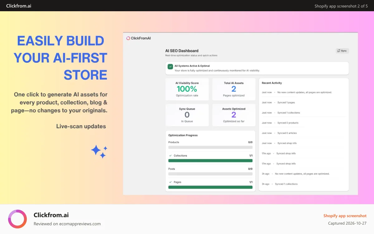 Clickfrom.ai Shopify app screenshot: Easily build you ai-first store | clickfrom.ai