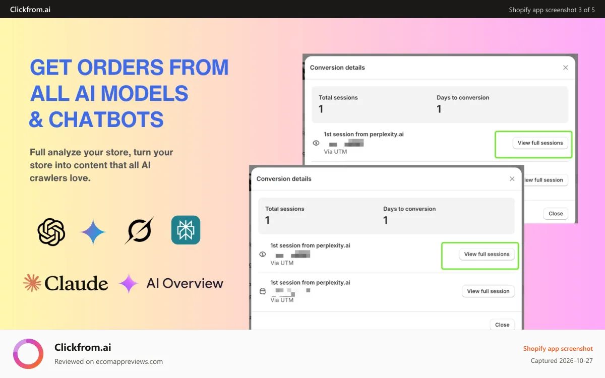 Clickfrom.ai Shopify app screenshot: Get orders from all ai models and chatbots | clickfrom.ai
